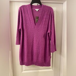 J Jill Large Purple V Neck Sweater 3/4 Sleeve w/side slits